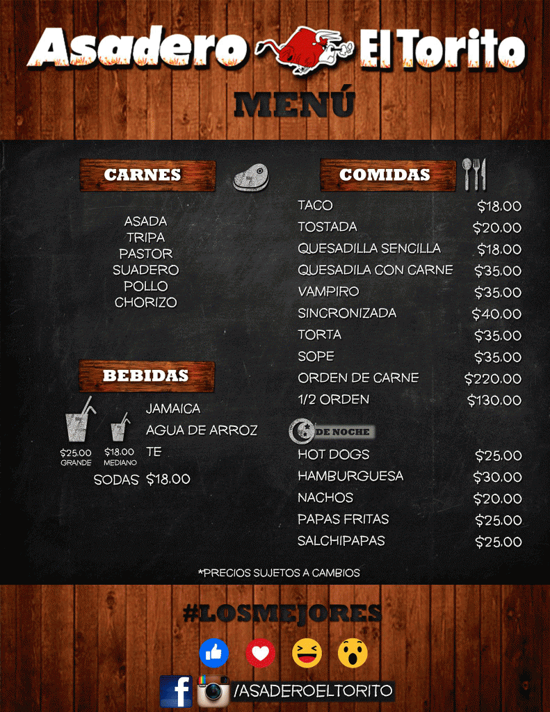 menu asadero el torito