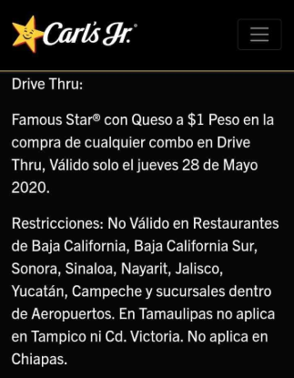 condiciones carls jr 1 peso 2020